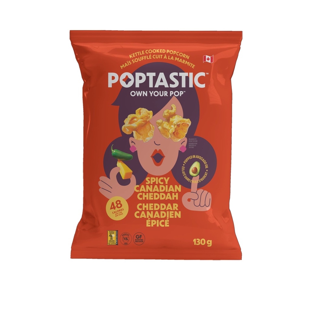 Poptastic Cheddar Canadien Epice Popcorn 130g, Mais Souffle Cuit a la Marmite