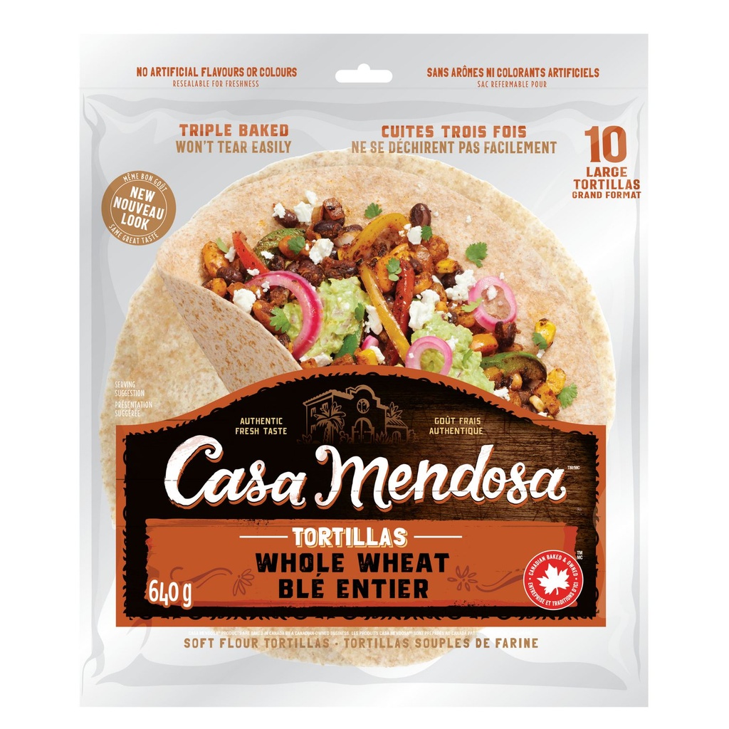 Casa Mendosa tortillas souples de farine de blé entier, sans arômes ni colorants artificiels, grand format 10", Paquet de 10, 640 g