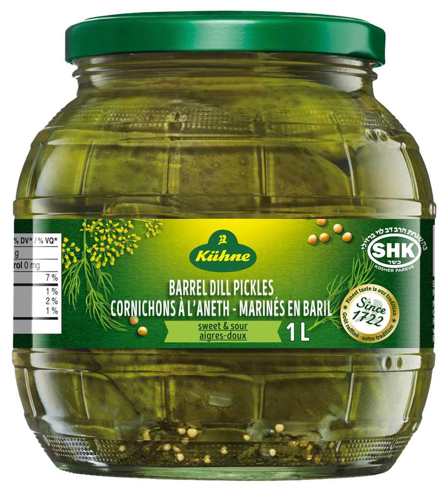 Cornichons à l'Aneth Entiers Kuhne, Épices Douces, Pot en Verre de 1 L
