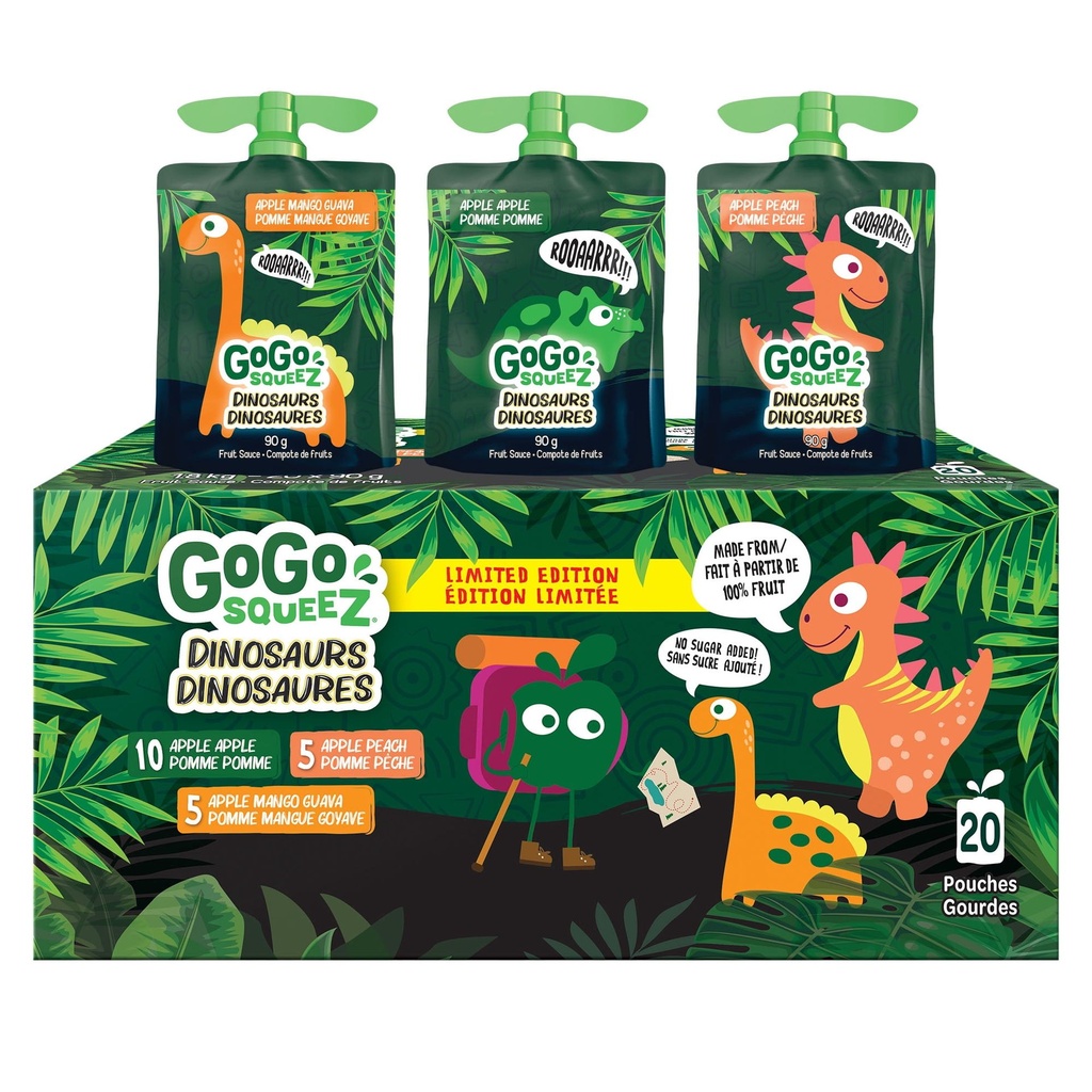 GoGo squeeZ® Dinosaures GoGo squeeZ - Pomme Pomme, Mangue Goyave, Pêche