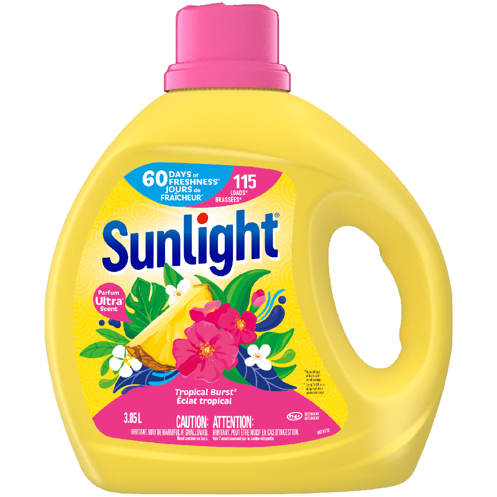 Détergent à lessive liquide concentré, Sunlight eclat tropicale, 3,85 l, 115 brassées, jusqu’à 60 jours de fraîcheur, combats les odeurs, compatible avec les laveuses HE