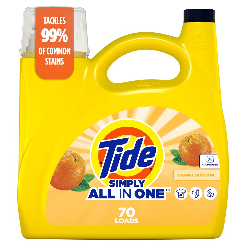 Tide Simply Détergent à Lessive Liquide Tout en un, Parfum Fleur d'Oranger, 2.72 Litres, 70 Brassées