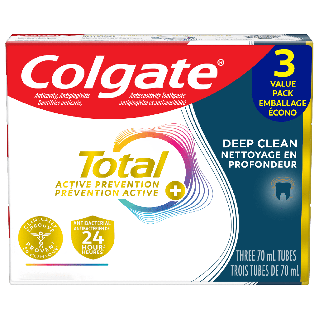Colgate Total Prévention Active Plus Nettoyage en Profondeur Dentifrice, Menthe, Emballage Économique 3x70ml