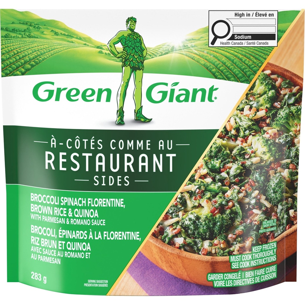 Green Giant À-côté comme au restaurant Géant Vert – Brocoli, épinards à la florentine, riz brun et quinoa avec sauce au romano et au parmesan 283 g