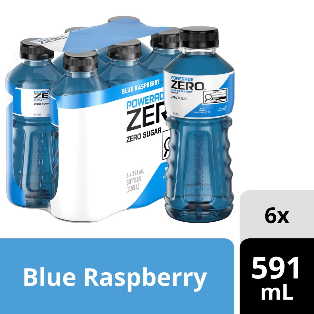 POWERADE zero sucré boisson pour sportifs framboise bleue en bouteilles, 591 mL, paquet de 6