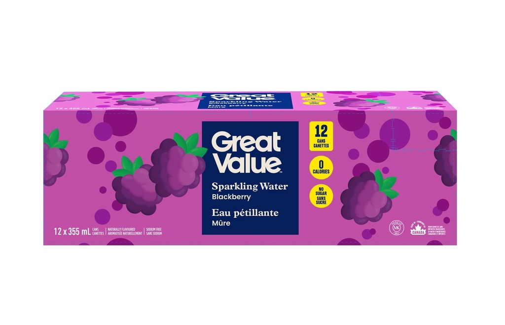 Eau pétillante Mûre Great Value, 12 Canettes x 355 ml