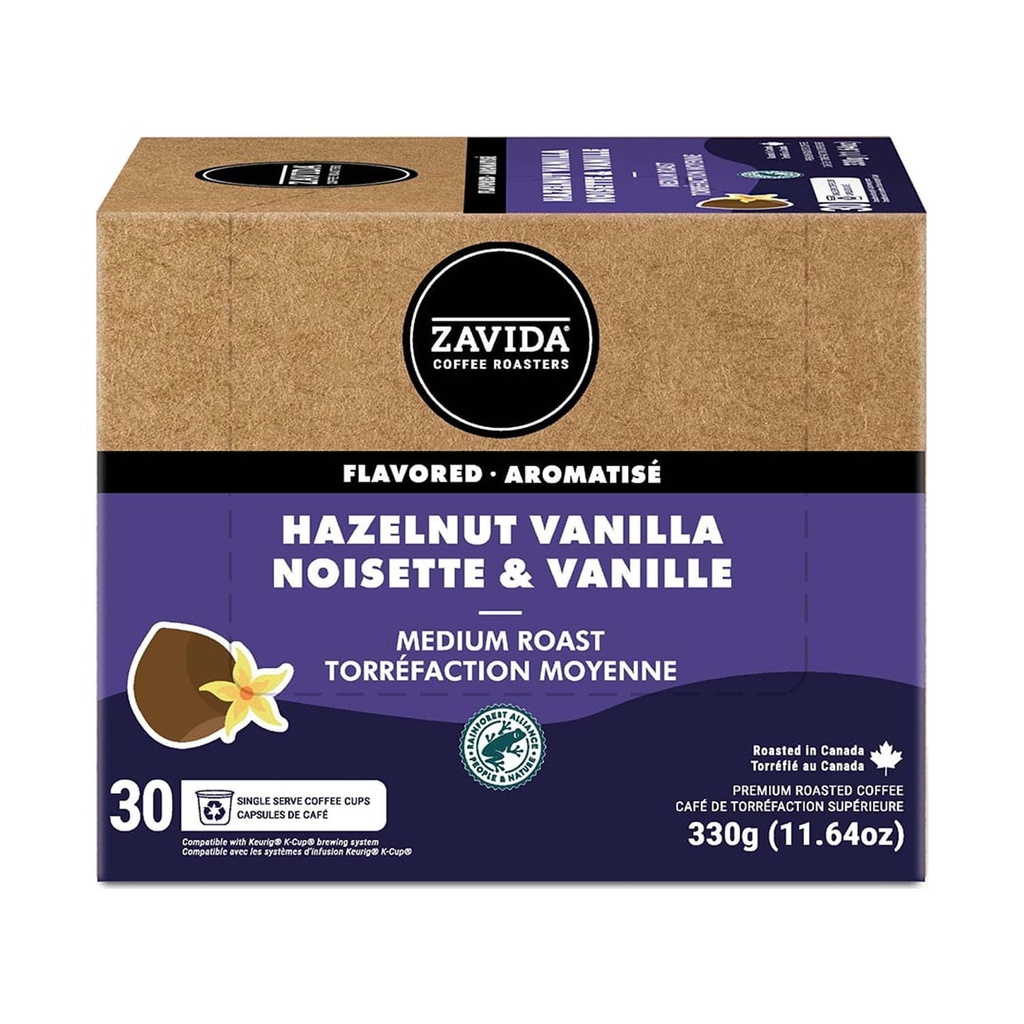 Zavida Capsules de Café à Portion Individuelle Noisette et Vanille Torréfaction Moyenne, K-Cup 30 Capsules