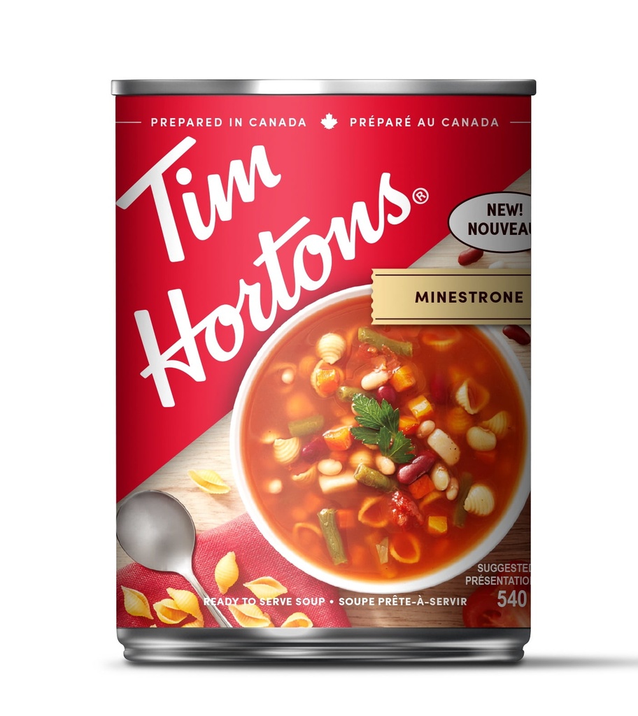 Soupe minestrone Tim Hortons, conserve de 540 mL, légumes copieux, haricots et pâtes dans un bouillon de tomates, préparée au Canada
