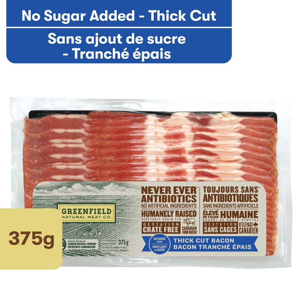 Bacon tranché épais sans ajout de sucre Greenfield Natural Meat Co 375 g