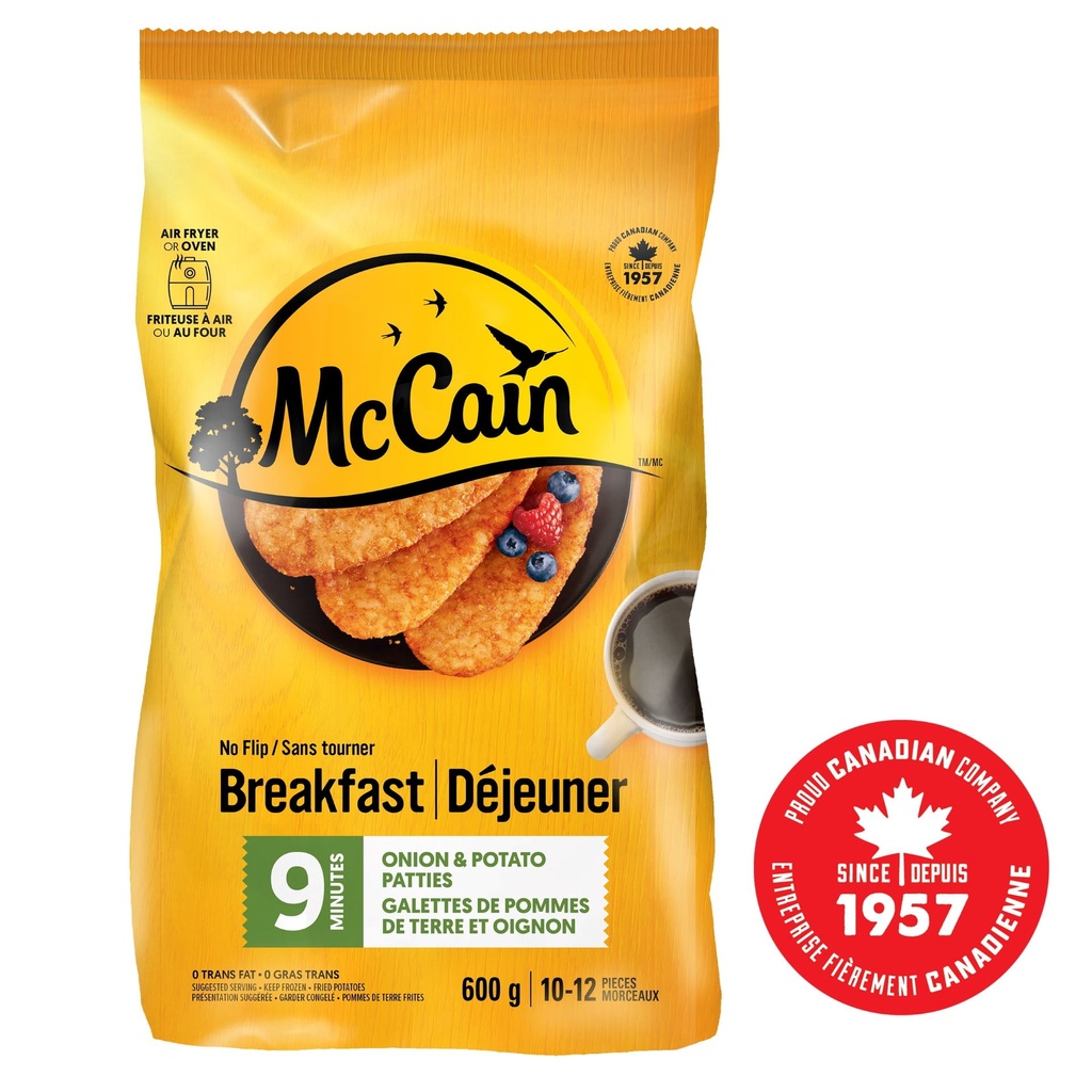 McCain® 9 Minutes Sans Tourner Galettes Déjeuner Surgelées à l'Oignon et aux Pommes de Terre, Fait au Canada à Partir d'Ingrédients Canadiens et Importés 600g
