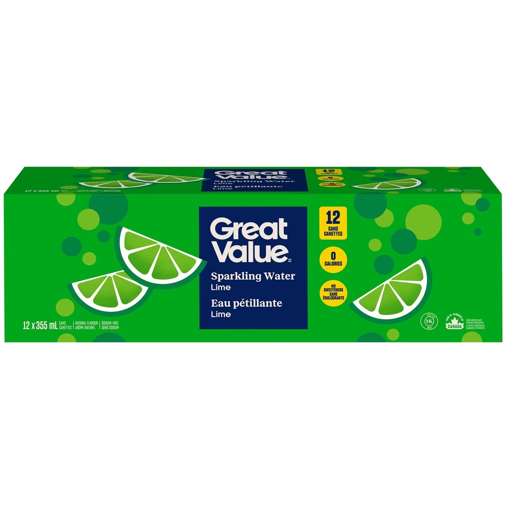 Eau pétillante Lime Great Value, 12 Canettes x 355 ml