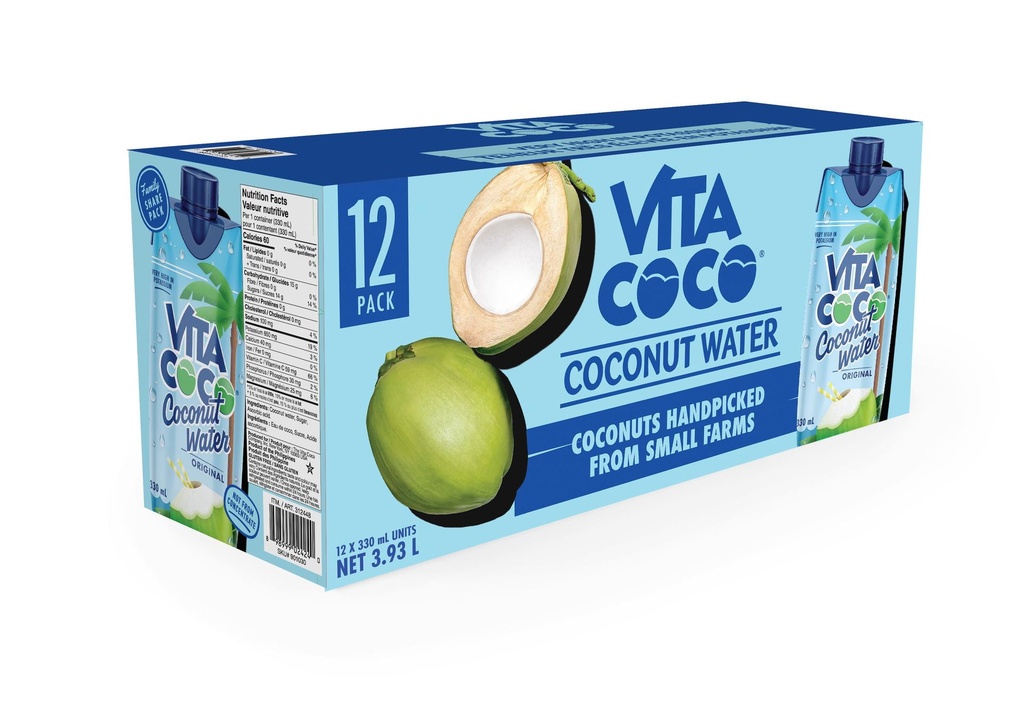 Eau de coco Vita Coco Pure Originale | Sans OGM | Goût rafraîchissant de noix de coco | Électrolytes naturels | 12 x 330 ml Tetra