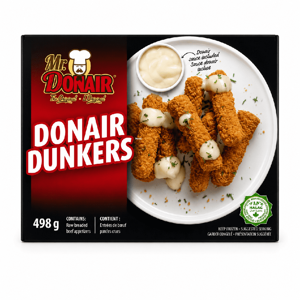 Mr. Donair Bouchées de donair de bœuf halal panées surgelées avec sauce sucrée, 498G Donair Dunkers