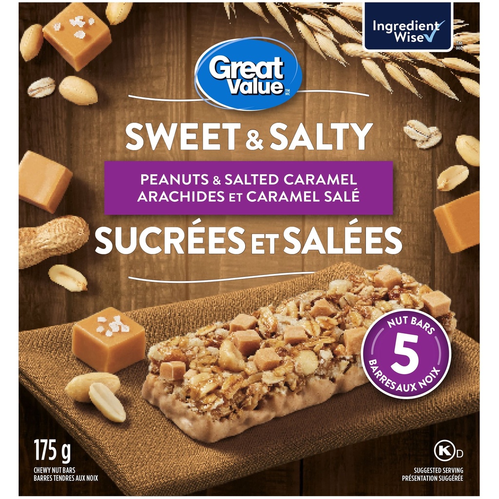 Barres tendres aux noix sucrées et salées arachides et caramel salé Great Value