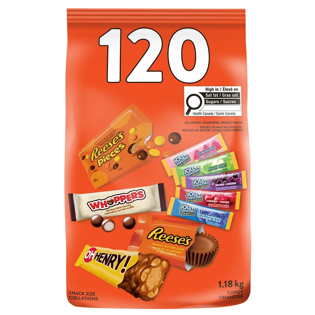 Sac de friandises assorties de Hershey pour l'Halloween – 120 unités, 1,18 kg, mélange en vrac enveloppé individuellement pour les petits qui font du porte-à-porte, sacs et bol