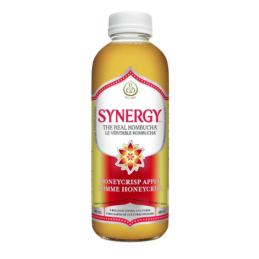 SYNERGY LE VÉRITABLE KOMBUCHA Pomme Honeycrisp Parfait pour l’automne ou toute l’année, Honeycrisp offre toute la saveur que vous aimez du jus de pomme pétillant, avec des arômes naturels et les bienfaits des bulles.