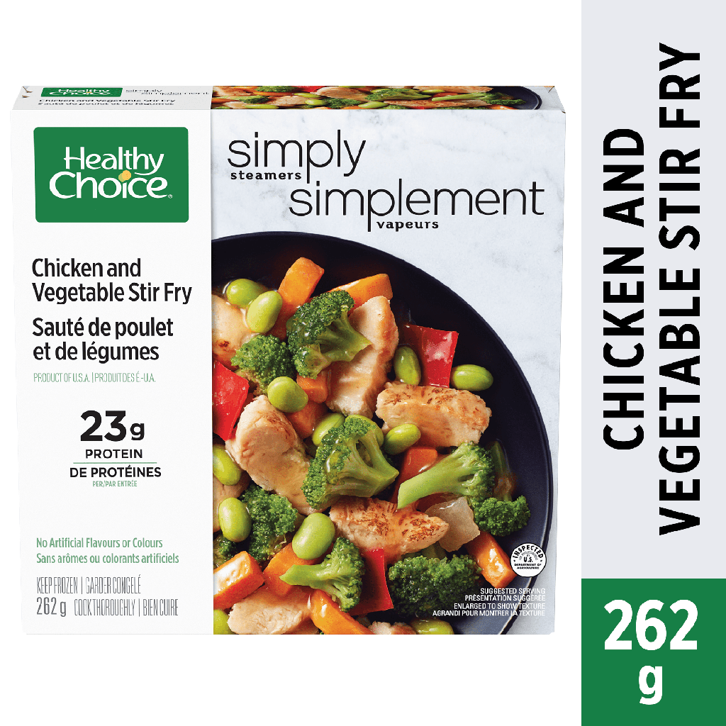 Healthy Choice Simplement Vapeurs Sauté de poulet et de légumes Dîner Surgelé, Poulet grillé avec brocoli, carottes, edamame, oignons et poivrons rouges dans une sauce soja sésame, 23g de protéines Repas surgelé, 262g