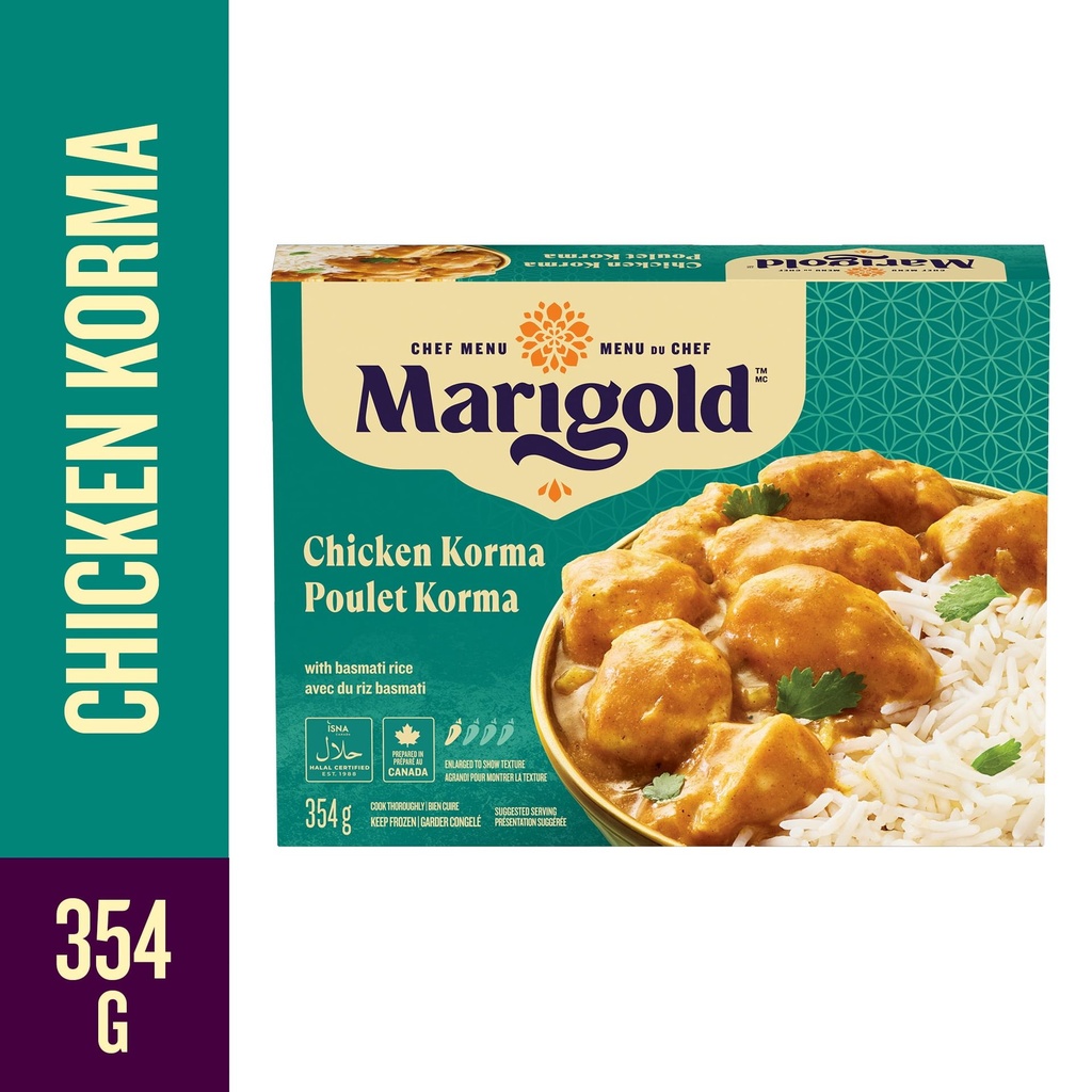 Repas surgelé de poulet korma MARIGOLD, incluant du poulet tendre, un cari de noix de coco et du riz basmati; plat halal préparé au Canada, 26g de protéines par portion MARIGOLD KORMA AU POULET