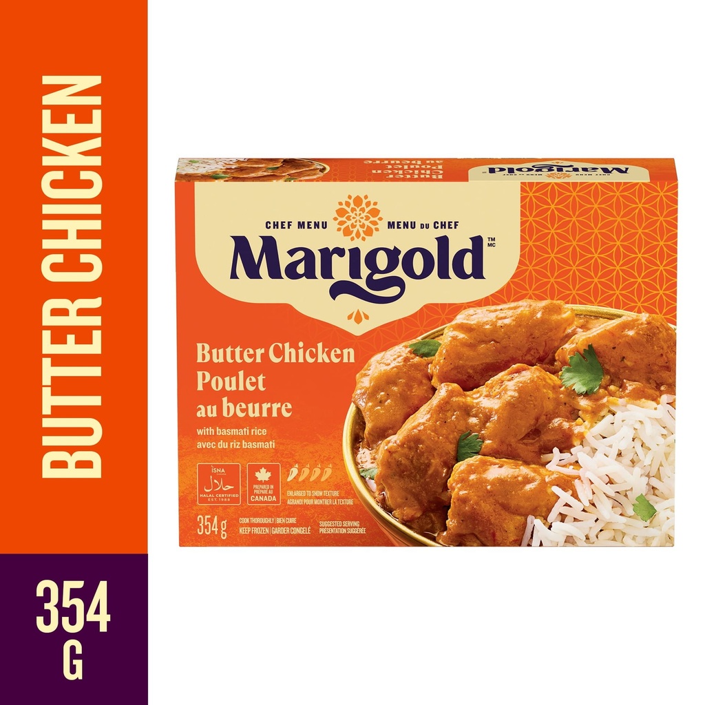 Repas surgelé de poulet au beurre MARIGOLD, incluant du poulet tendre, un cari de tomate et du riz basmati; plat halal préparé au Canada, 26g de protéines par portion MARIGOLD POULET AU BEURRE