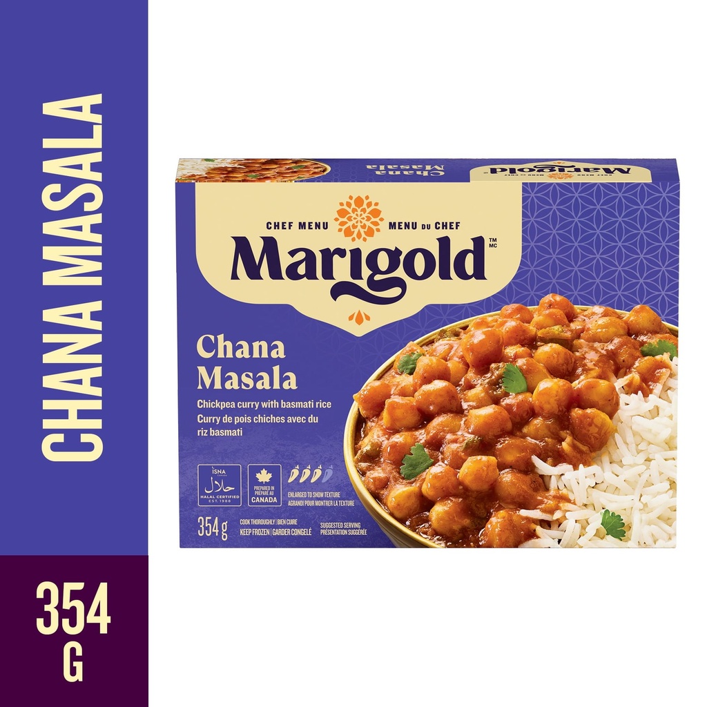 Repas surgelé de chana masala MARIGOLD, incluant des pois chiches tendres, une sauce aromatique et du riz basmati; plat halal végétalien, préparé au Canada, 6g de fibres par portion MARIGOLD CHANA MASALA