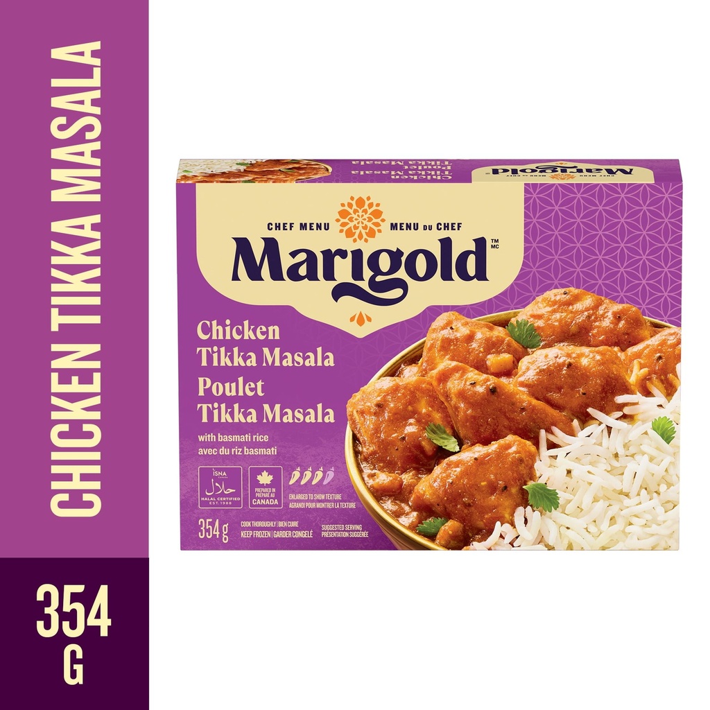 Repas surgelé de poulet tikka masala MARIGOLD, incluant du poulet tendre, un  cari épicé et du riz basmati; plat halal préparé au Canada, 27g de protéines par portion MARIGOLD TIKKA MASALA AU POULT