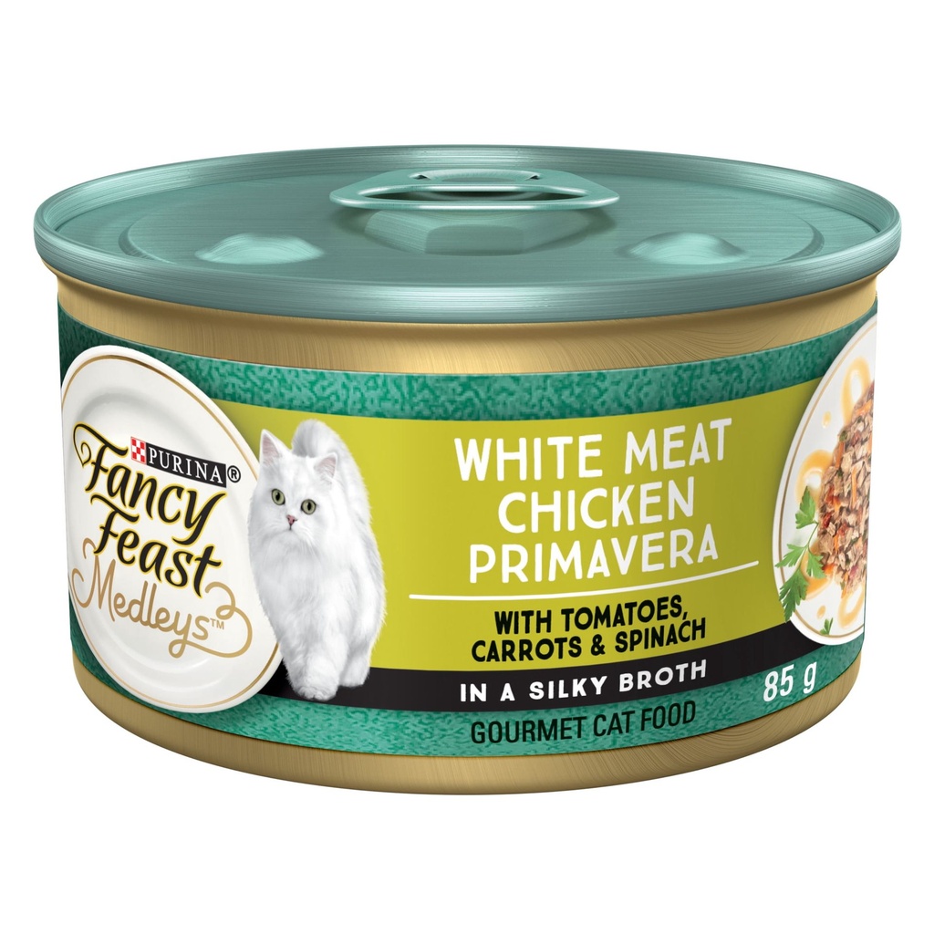 Fancy Feast Medleys Blanc de Poulet Primavera dans une Bouillon Velouté, Nourriture Humide pour Chats 85 g