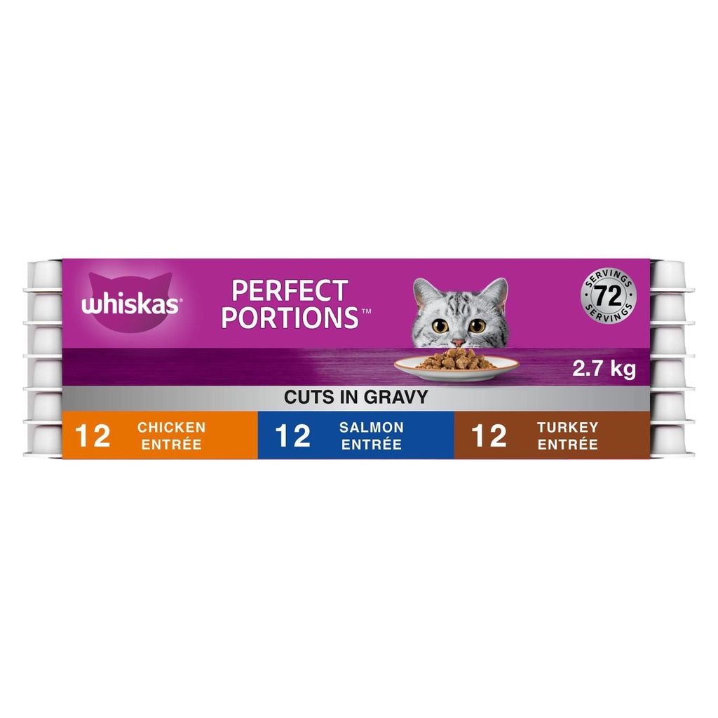 Nourriture humide pour chats adultes Whiskas Perfect Portions coupes en sauce – repas au poulet, repas au saumon et repas à la dinde