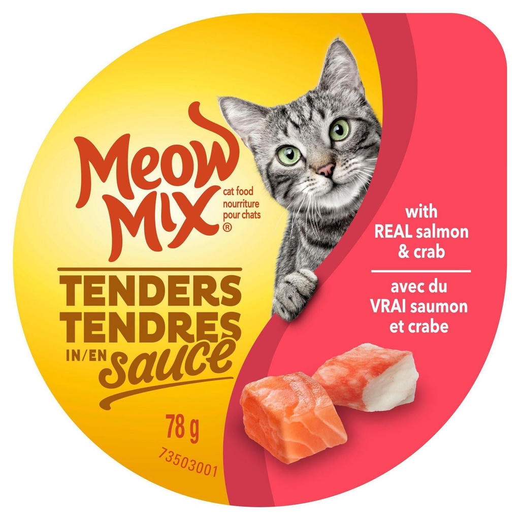 Meow Mix Nourriture pour Chats Tendres en Sauce avec du Vrai Saumon et Crabe 78G