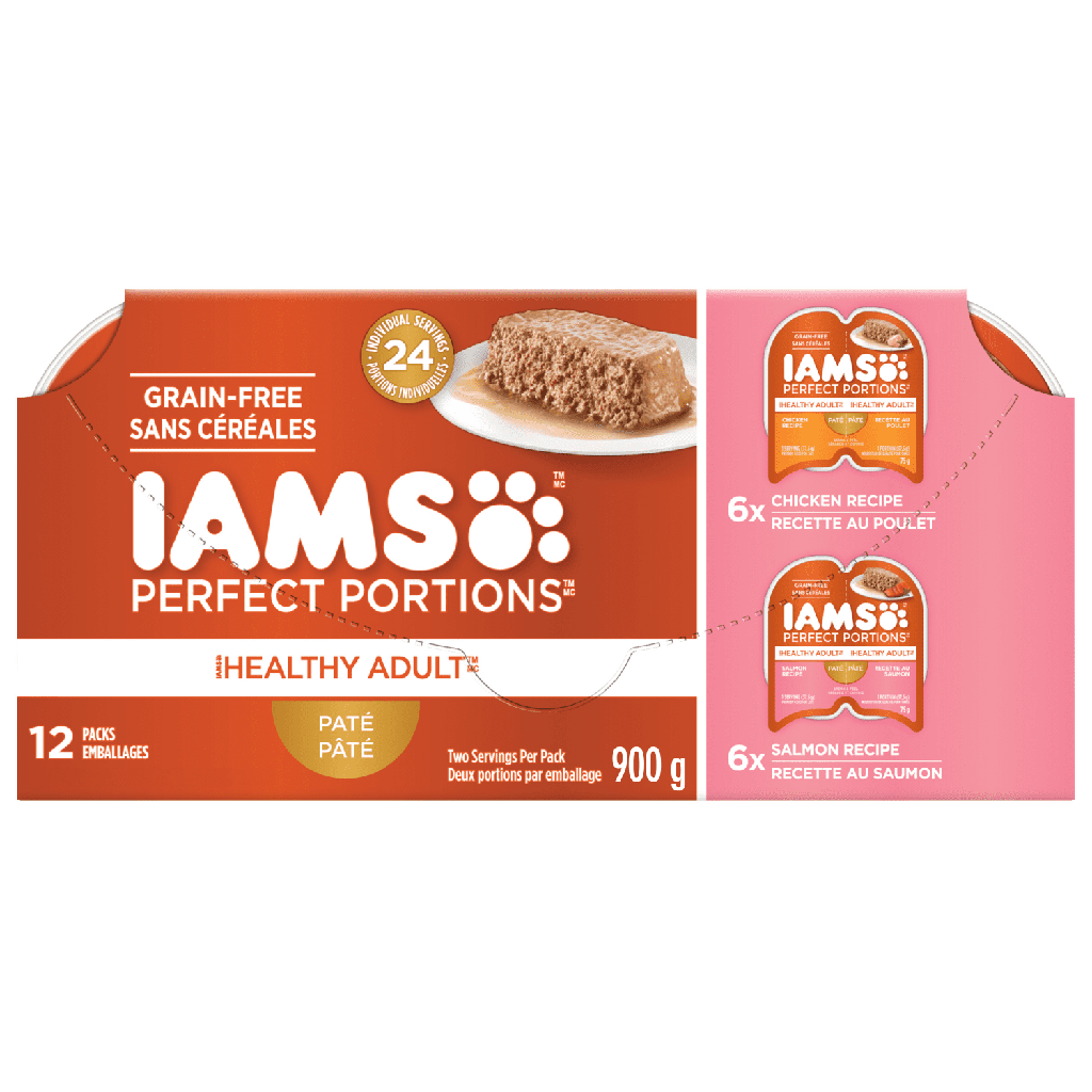 Iams Perfect Portions Adulte en Santé Sans Céréales Pâté au Poulet & au Saumon Nourriture Humide pour Chats Lot de 12
