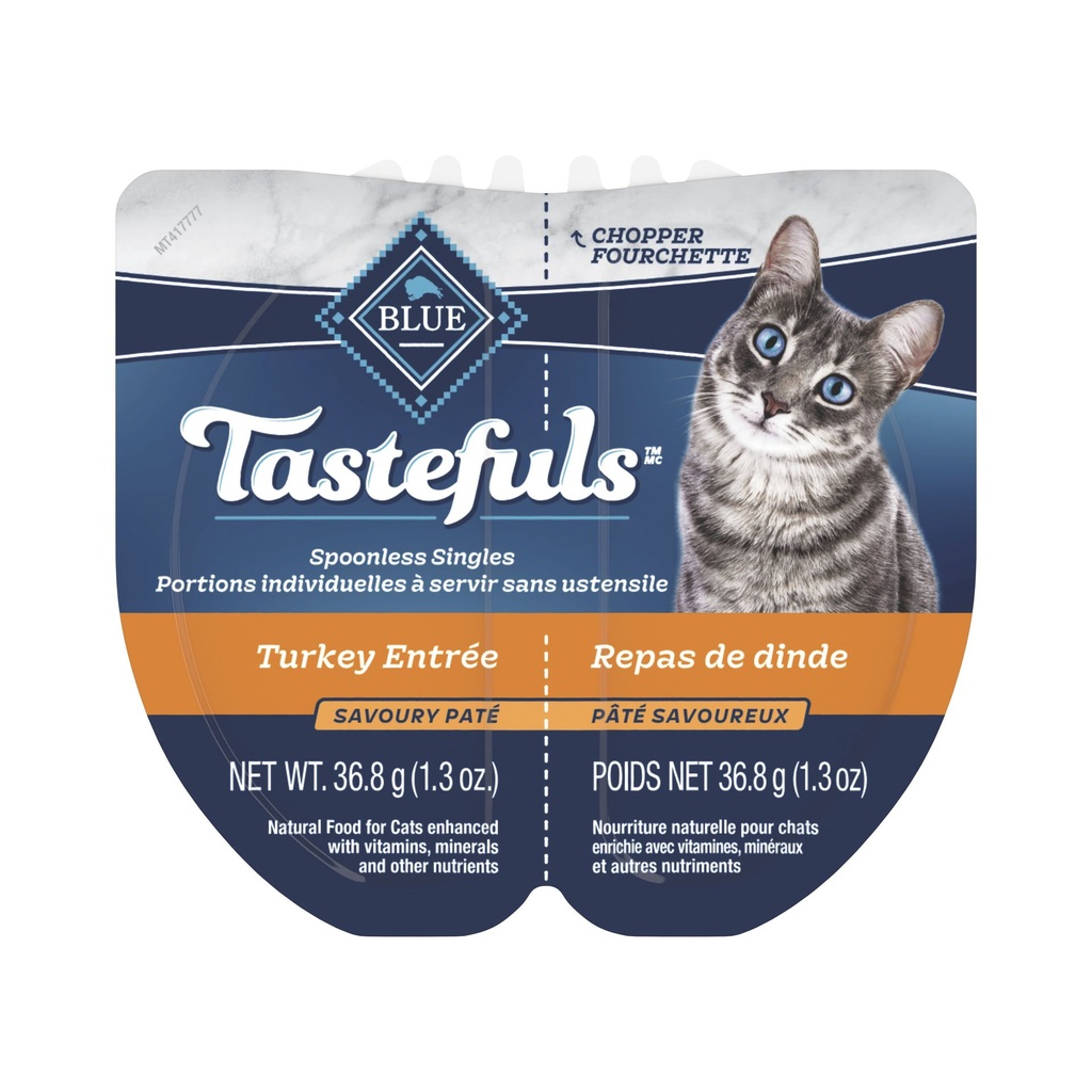 Blue Buffalo Tastefuls Repas de Dinde Portions Individuelles Sans Ustensile Adulte Pate Nourriture Humide pour Chats 85g