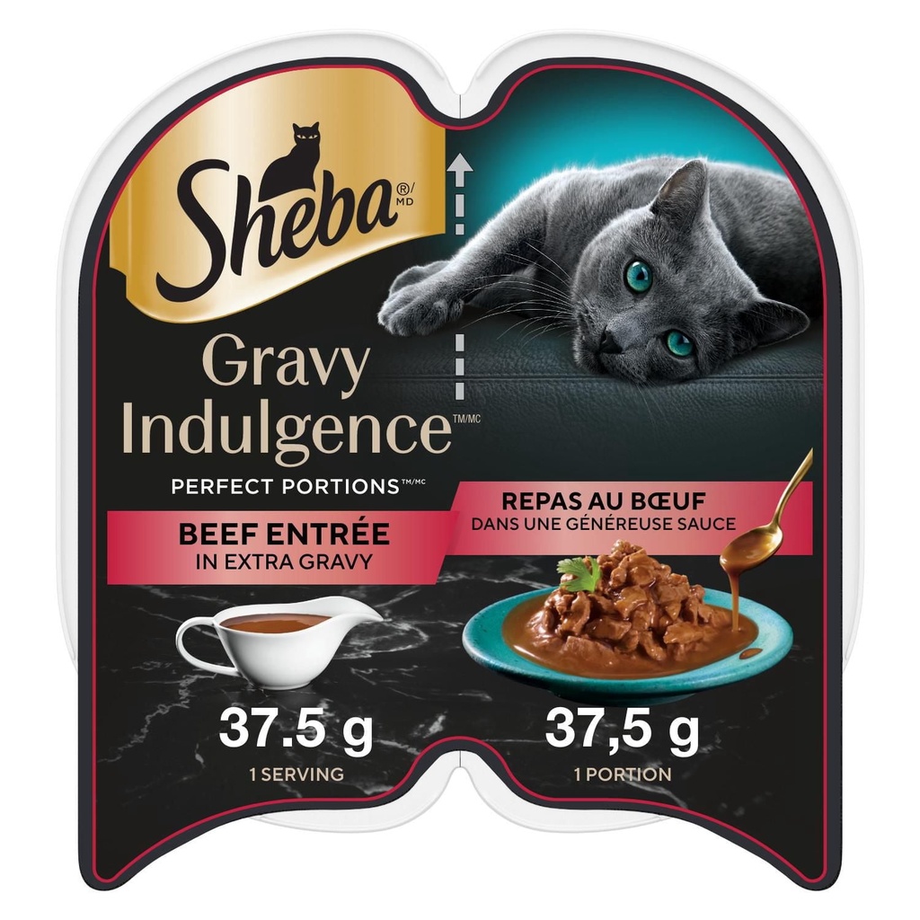 Nourriture humide pour chats adultes SHEBA GRAVY INDULGENCE PERFECT PORTIONS repas au bœuf dans une généreuse sauce