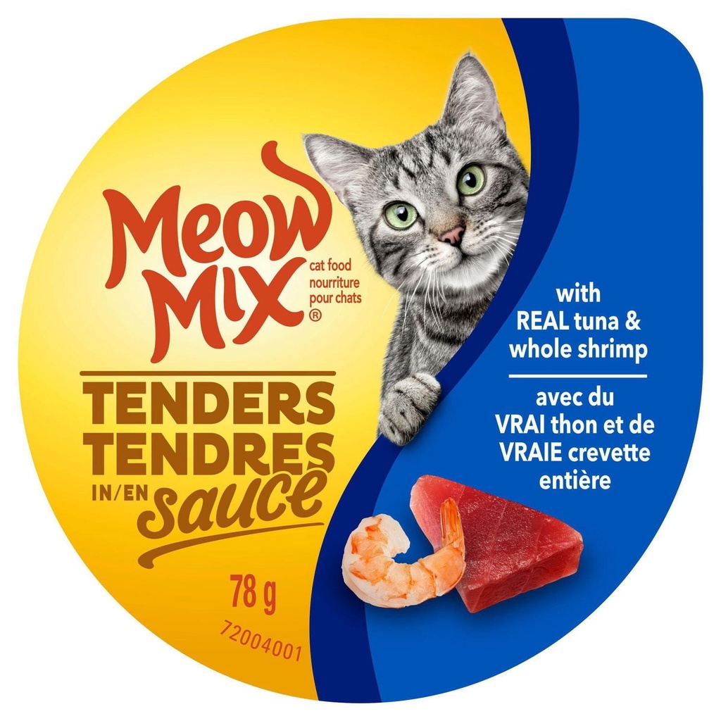 Meow Mix Nourriture pour Chats Tendres en Sauce avec du Vrai Thon et de Vraie Crevette Entière 78g