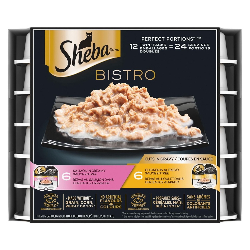 Sheba Bistro Portions Parfaites, Poulet dans une Sauce Alfredo & Saumon dans une Sauce Crémeuse Nourriture Humide pour Chats Adultes Coupes en Sauce Assortiment Lot de 12