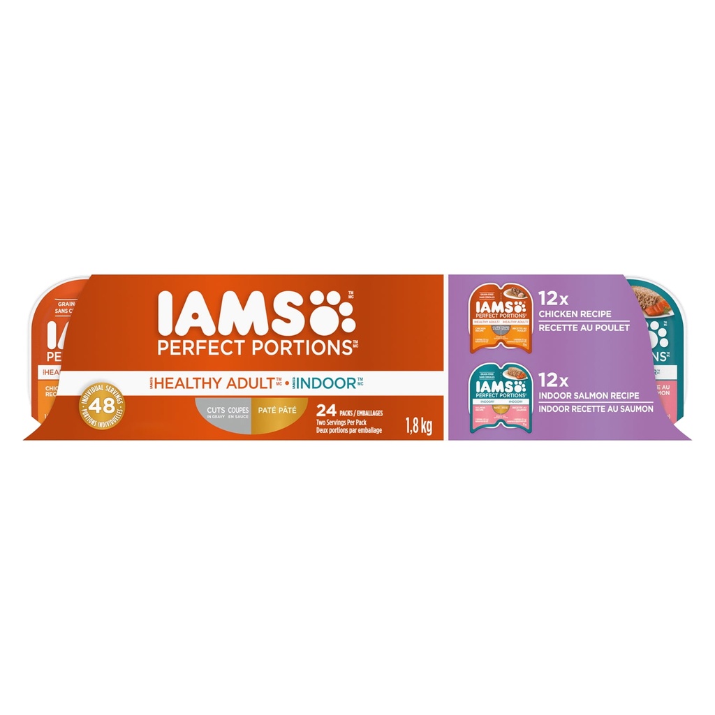 Iams Perfect Portions Sans Grains Coupes de Poulet en Sauce & Pâté au Saumon d'Intérieur Assortiment Adulte en Santé Nourriture Humide pour Chat Lot de 24