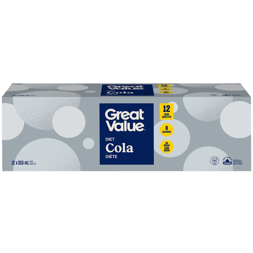 Cola diète Great Value, 12 Canettes x 355 ml