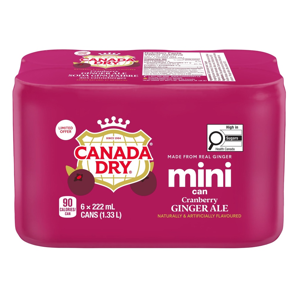 Soda gingembre aux canneberges<br>Canada Dry<br>- Emballage de 6&nbsp;mini-canettes de 222&nbsp;mL