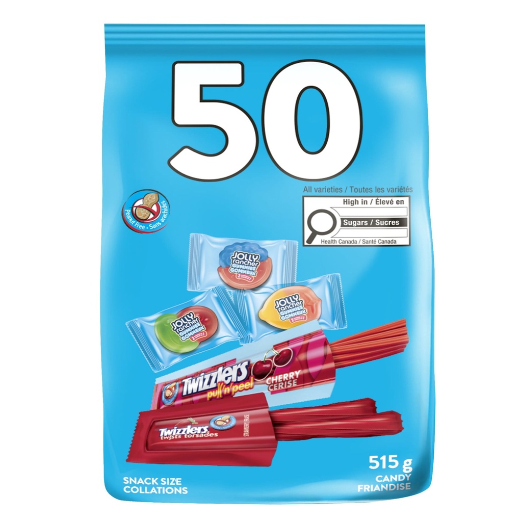 Sac de friandises assorties HERSHEY'S sans arachides, 50 unités, Des friandises enveloppées individuellement pour les petits qui font du porte-à-porte à l'Halloween, 515 g