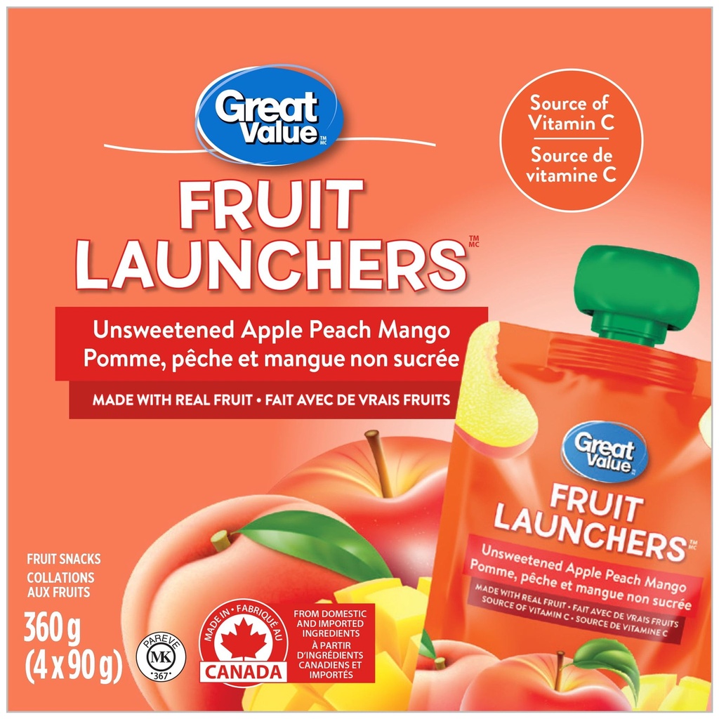 Collations aux fruits Fruit Launchers Pomme, pêche et mangue non sucrées Great Value