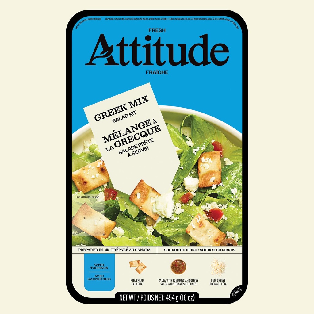 Attitude Fraîche - Kit de salade familiale avec garnitures - Mélange à la grecque 454g Salade prête à servir