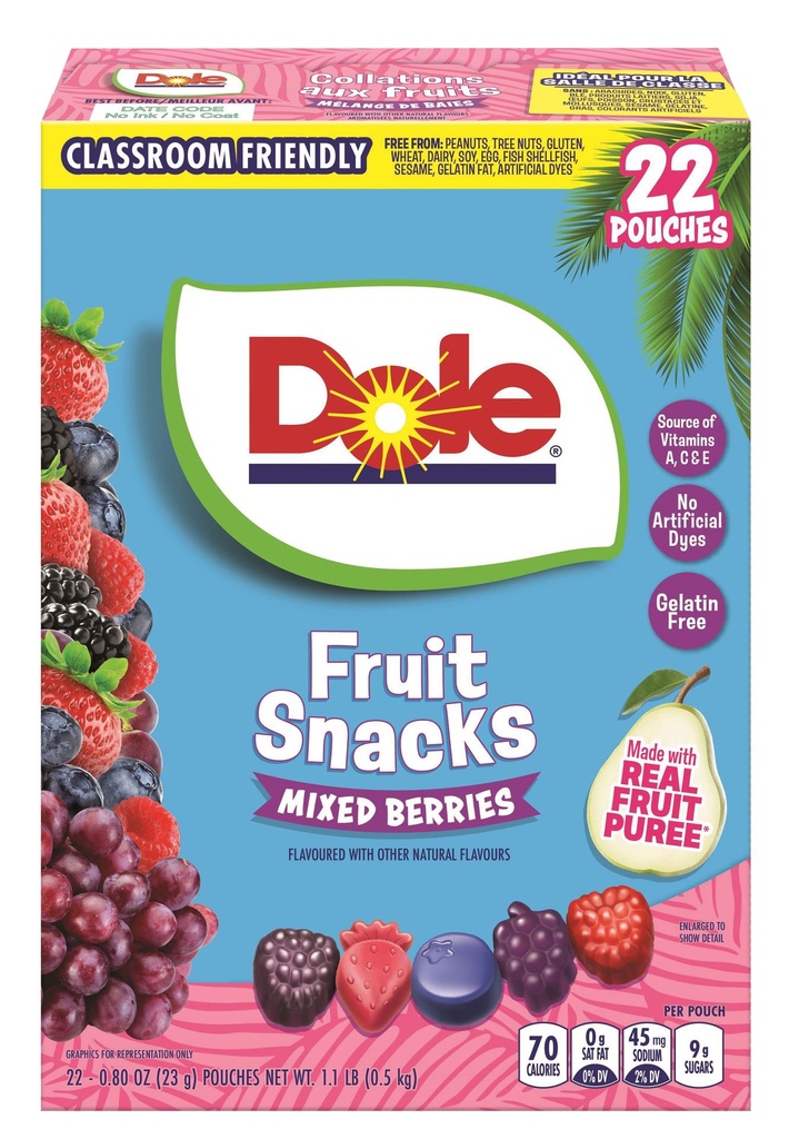 Dole Collations Aux Fruits - Baies Mèlangèes - Sans les 9 Principaux Allergènes, Sans Noix, Sans Colorants, Sans Gluten, Sans Gélatine, Idéal Pour La Classe, 22 Sachets