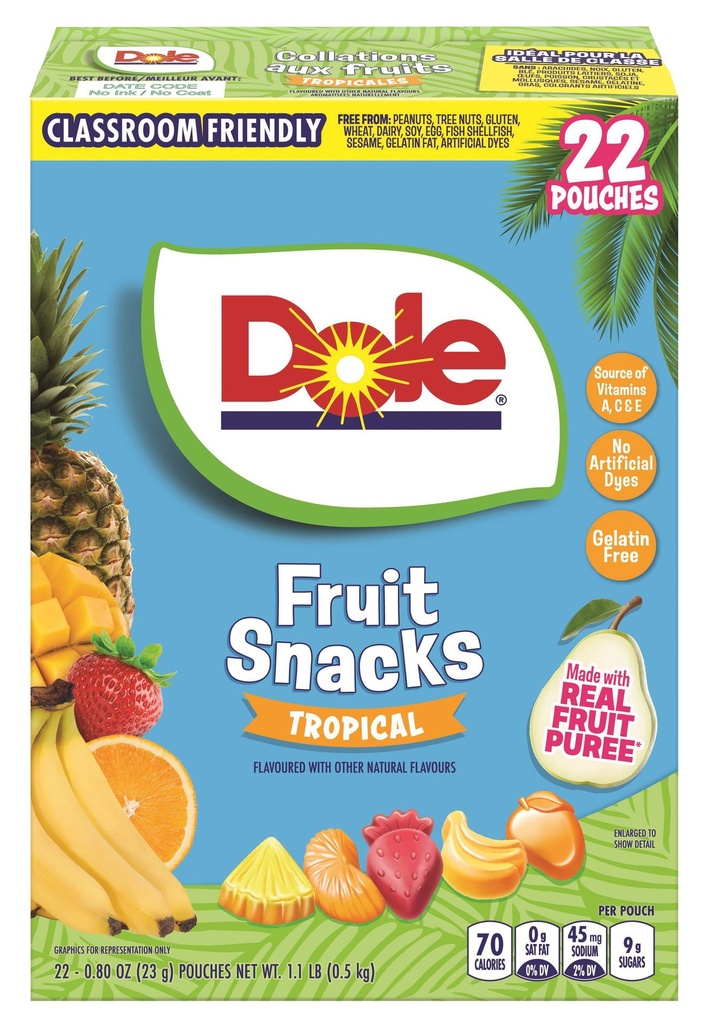Dole Collations Aux Fruits - Saveur Tropicale, Sans les 9 Principaux Allergènes, Sans Colorants, Sans Gluten, Sans Gélatine, Idéal Pour La Salle De Classe, 22 Sachets