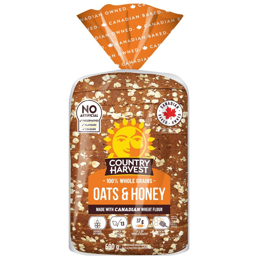Pain tranché avoine et miel de Country Harvest, Grains entiers à 100 %, Sans agents de conservation, arômes ni colorants artificiels, 600 g
