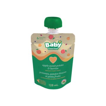 Purée biologique de tourbillon de pommes, patates douces et petits fruits en pochette pour bébés de 7 mois et plus