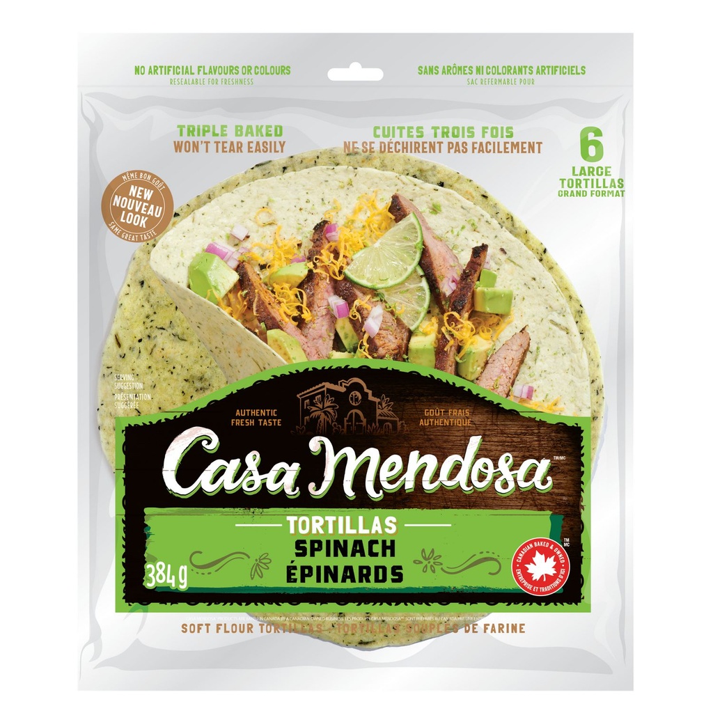 Casa Mendosa tortillas souples de farine aux épinards, sans arômes ni colorants artificiels, grand format 10", Paquet de 6, 384 g