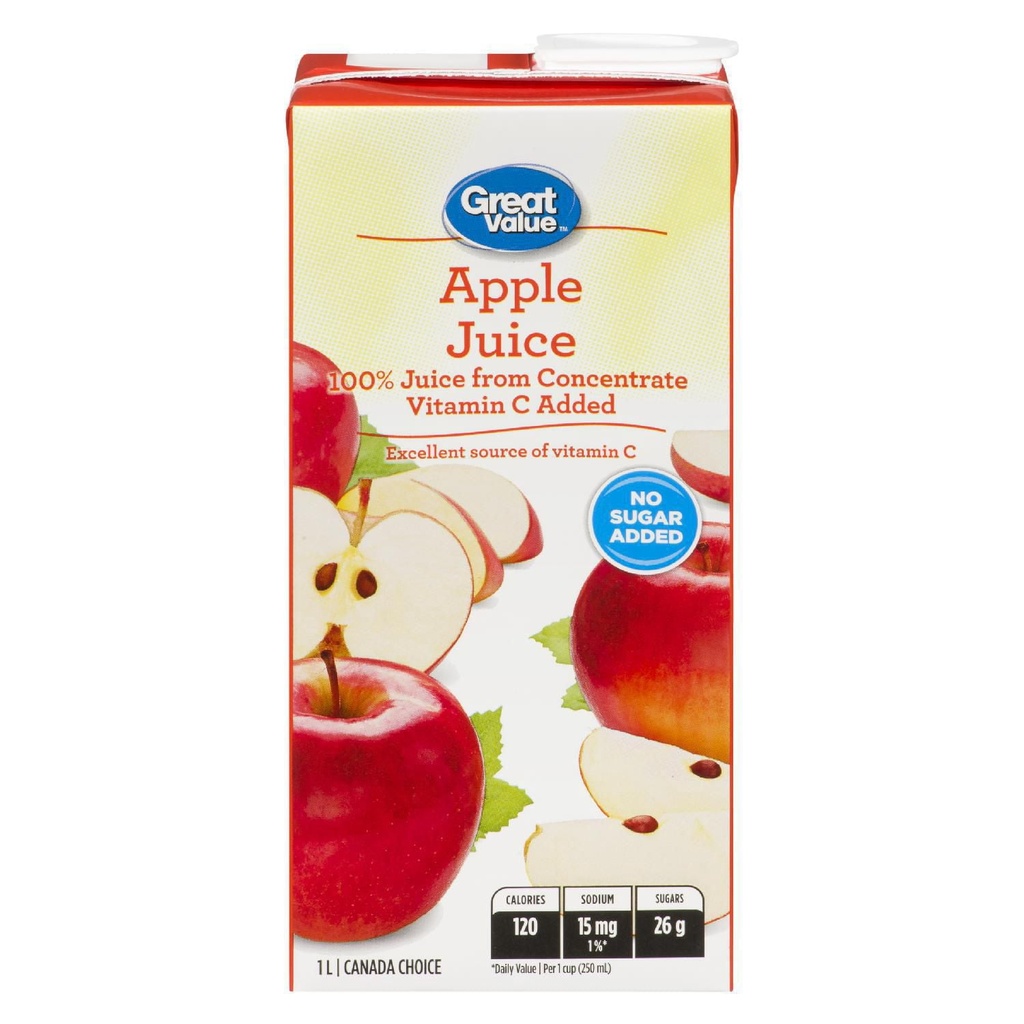 Great Value Jus de Pomme Pur à 100 % Fait de Concentré 1L