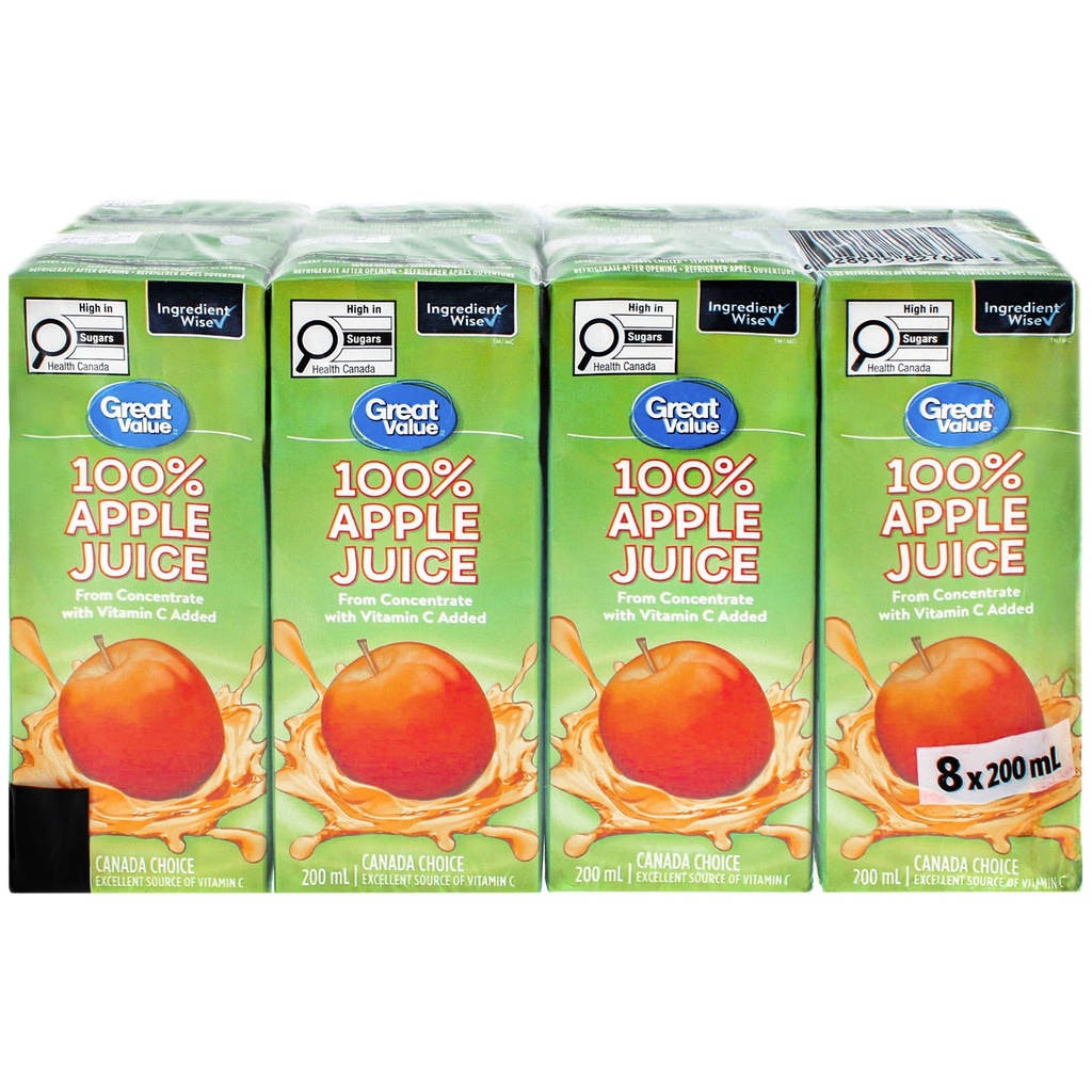 Great Value Jus de Pomme Fait de Concentré 200ML, Lot de 8