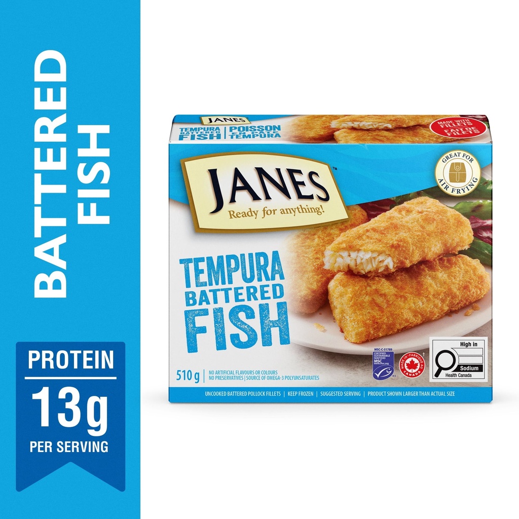 Filets de poisson en pâte tempura Janes®, 450 g, filets de poisson en pâte tempura congelés. Contient : Goberge. Janes poisson en pâte tempura