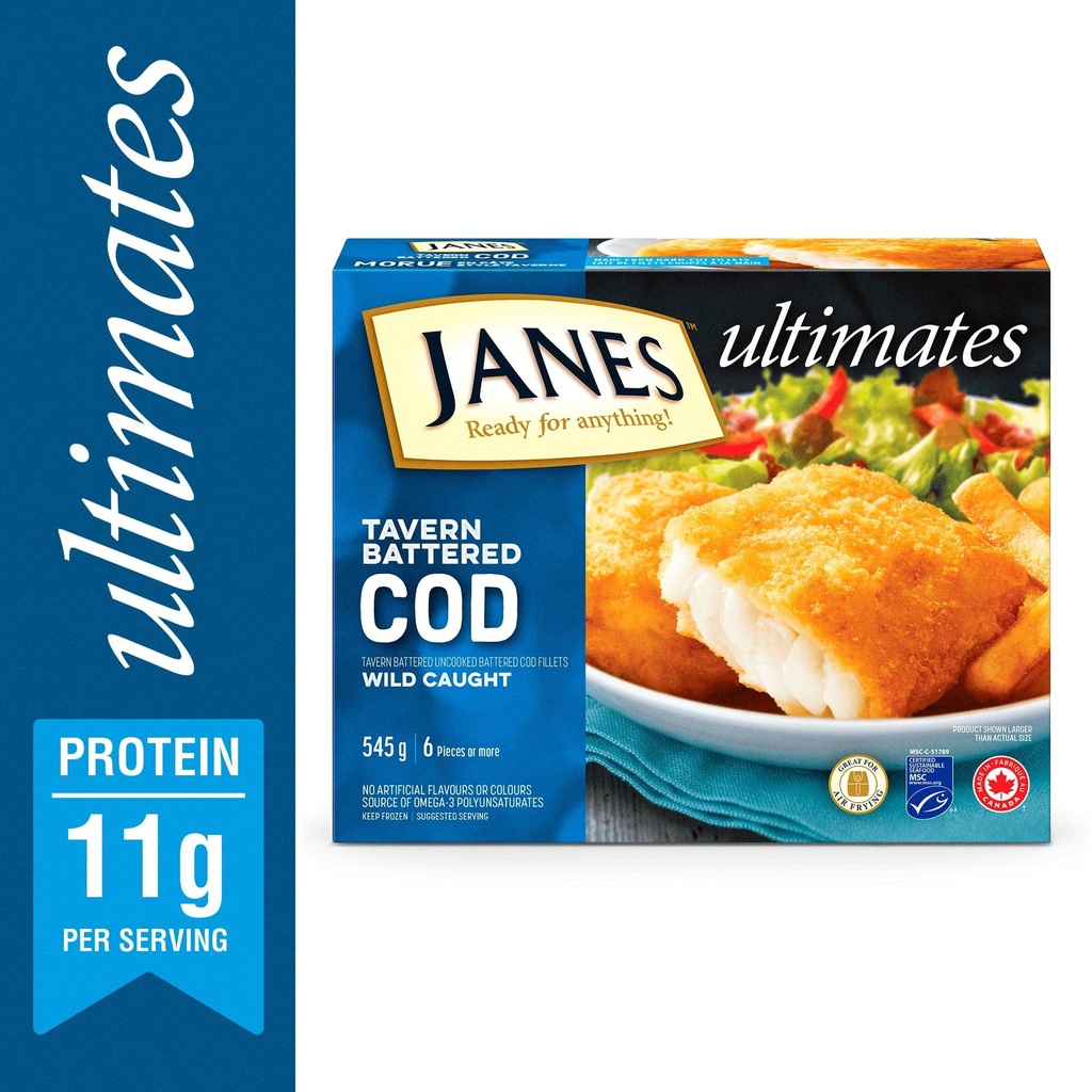 Filets de morue en pâte ultimes Janes®, 545 g, filets de morue en pâte et congelés. Contient : Poisson. 545g