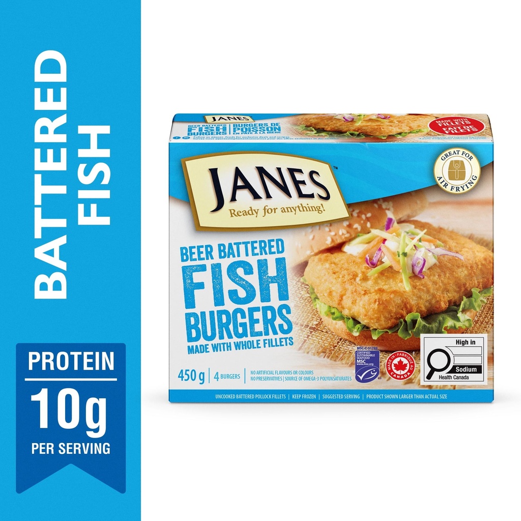 Burgers de poisson en pâte à la bière Janes®, 450 g, filets de poisson en pâte congelés. Contient : Goberge. Janes burgers de poisson en pâte à la bière