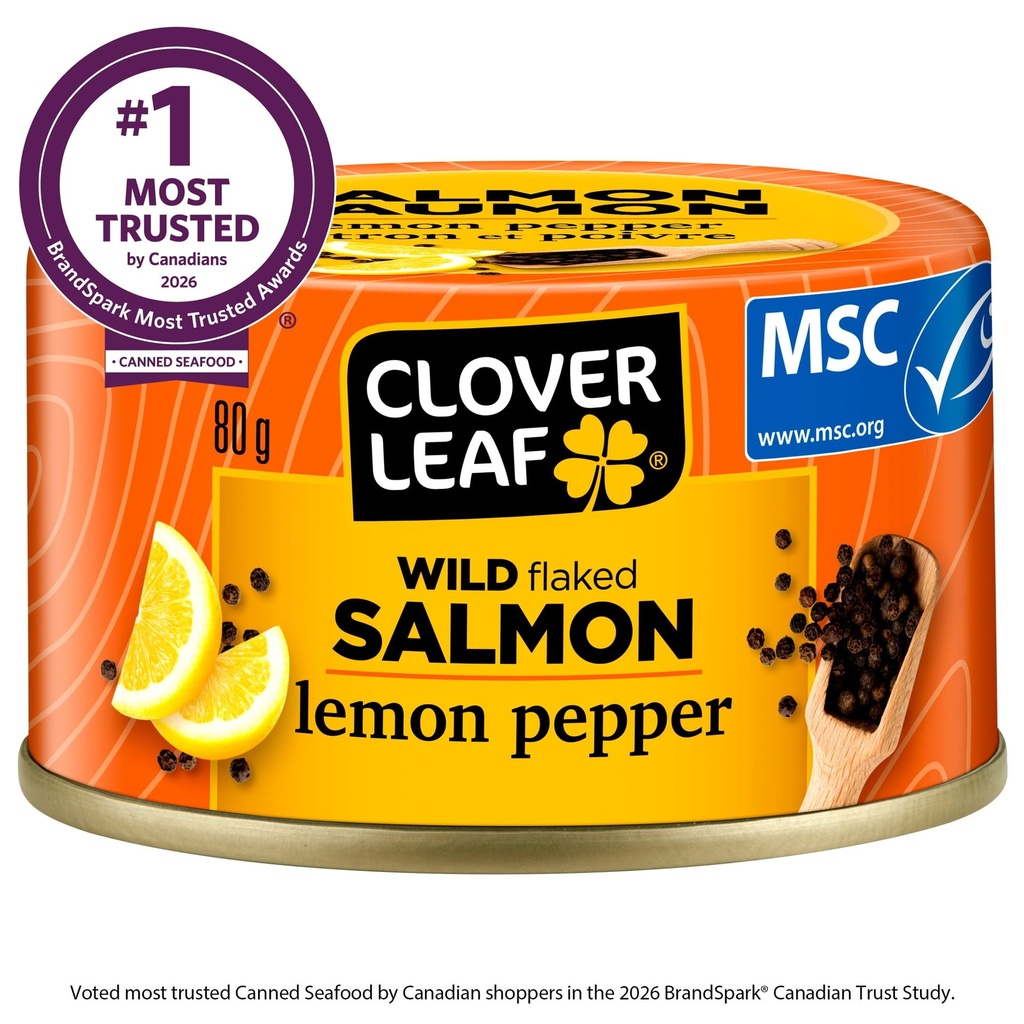 Saumon sauvage émietté - citron et poivre 80 g de Clover Leaf, certifié par le MSC, ne contient aucun agent de conservation, produits de la mer en conserve. Sans gluten.